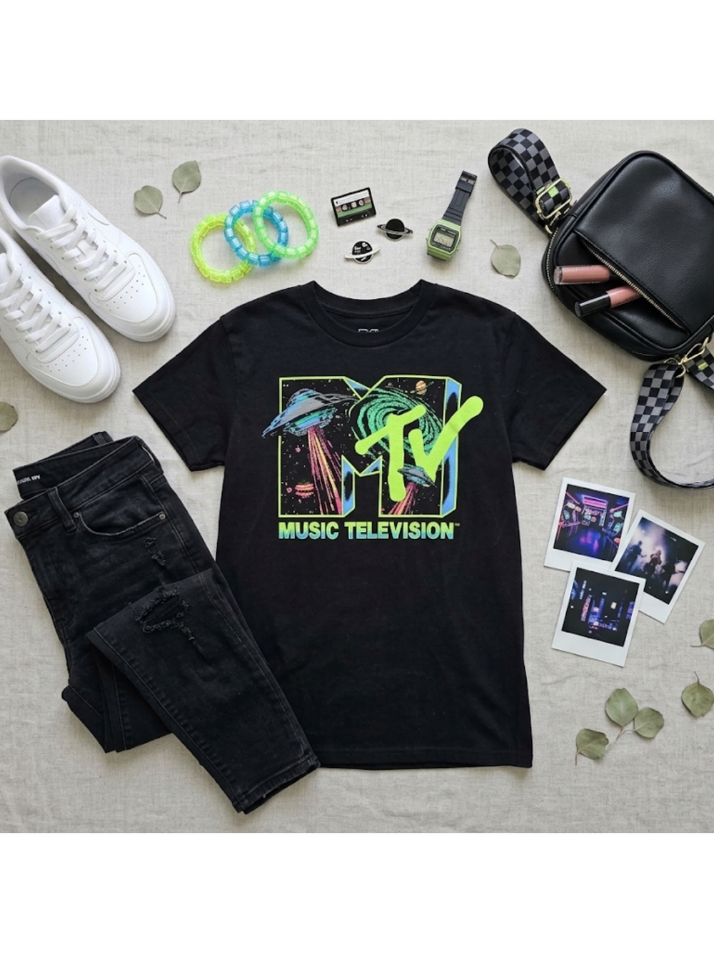 MTV Black Tee with Neon Green & Multicolor Space Graphic Design, Size Small